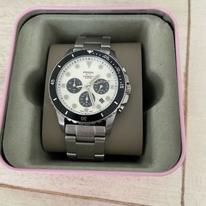 Black 3 dial chronograph fossil watch with orange strap